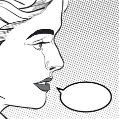 A young woman looking questioningly. Elegant lady. Concept idea of advertisement and promo. Pop art retro style illustration, halftone background. Women in retro style.