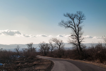 Beautiful landscape of country side road with trees in winter time at sunset. Azerbaijan, Caucasus, Sheki, Gakh, Zagatala