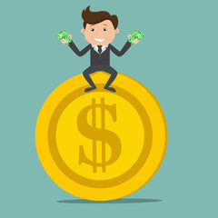 Businessman sitting on gold coin and holding money - vector illustration