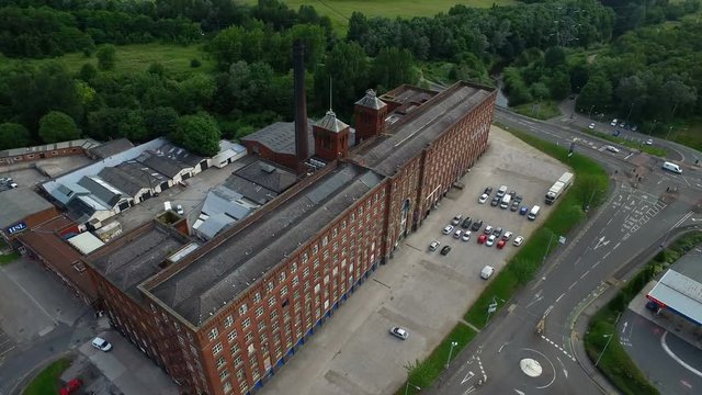 Drone shot of a old industry chimney in Manchester, England, ultra wide