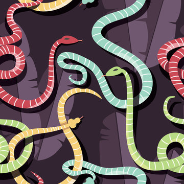 Seamless pattern with colorful intertwined striped rain forest snakes