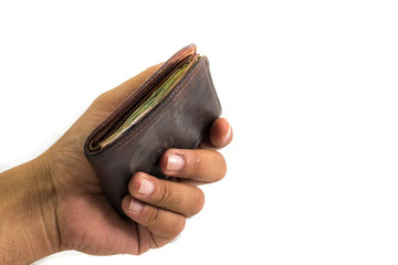 ฺBroke man showing his brown leather wallet with no money on a poor economy day