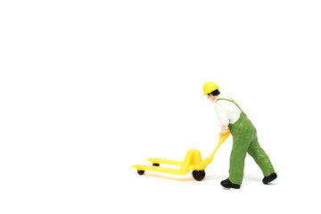 Miniature people delivery worker on white background with a spac