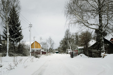 Winter landscape. wood small house in snow
