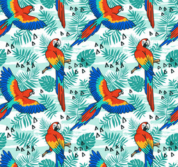 Ara parrot vector seamless pattern. Tropical fabric design with leaves and birds. © Utro na more