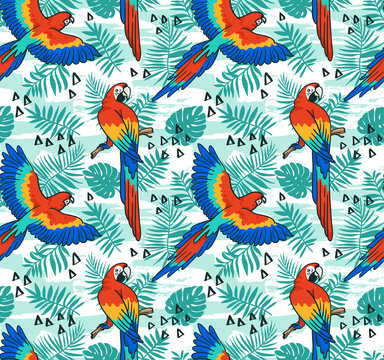 Ara parrot vector seamless pattern. Tropical fabric design with leaves and birds.