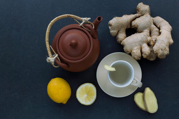 Ginger tea, fresh ginger root, lemon