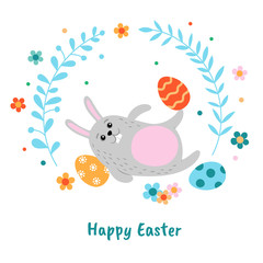 Funny Easter bunny and painted eggs. Vector illustration. Easter card design template.