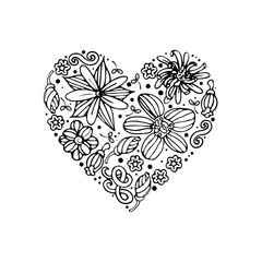 Coloring. Doodles. Flowers. Heart coloring. Vector. On a white background.