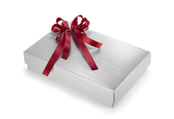 Silver gift box with red ribbon