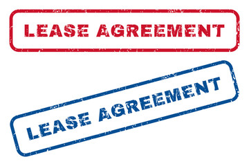Lease Agreement text rubber seal stamp watermarks. Vector style is blue and red ink caption inside rounded rectangular shape. Grunge design and dust texture. Blue and red signs.