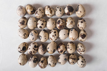 Quail eggs. Quail eggs in the shape of a square on a light background. Easter photo concept....