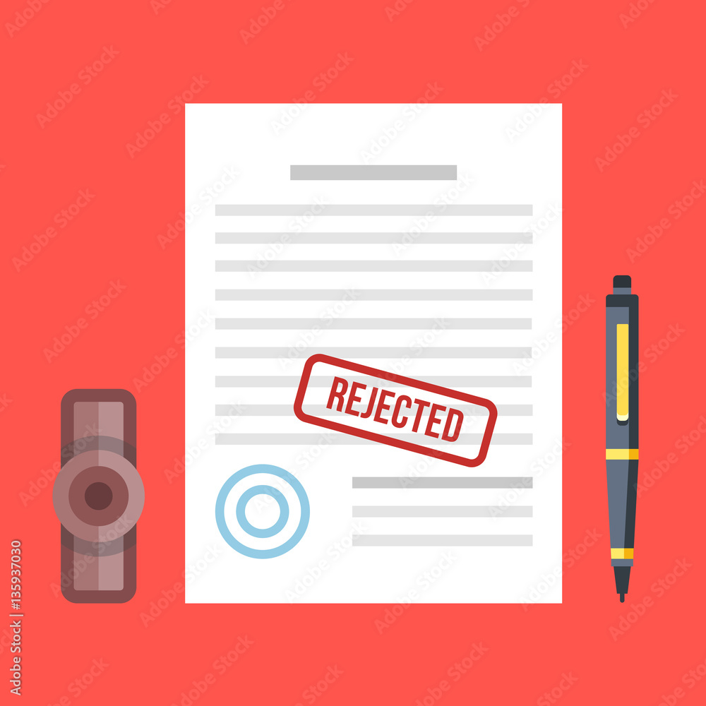 Poster rejected document with stamp and pen. rejected application concepts. top view. premium quality. mode