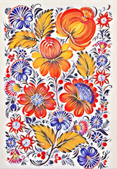 Petrikovka`s painting. Colorful painting flower with leaves. Traditional Ukrainian painting.