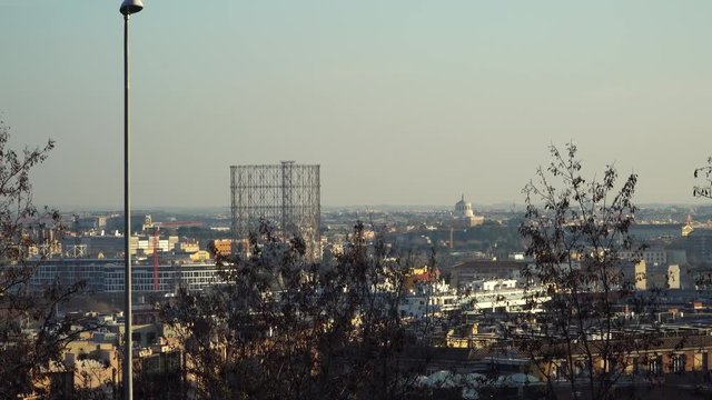 Gasometro, also called Gazometro, is an old structure of gas holder in Rome, district Ostiense and Garbatella, beside Tiber river, selective focus video