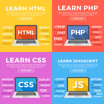 Learn HTML, CSS, learn PHP, Javascript flat illustration concepts set. Flat design graphic elements. Modern vector illustrations