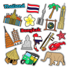 Fototapeta premium Thailand Travel Elements with Architecture for Badges, Stickers, Prints. Vector Doodle