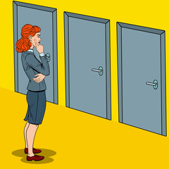 Pop Art Doubtful Businesswoman Choosing the Right Door. Vector illustration