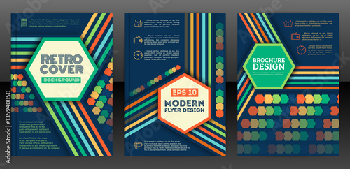 brochure cover design templates in retro style hexagons and line flyers line