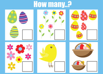 Counting educational children game, kids activity worksheet. How many objects task, easter holidays theme