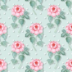 Seamless pattern. Pink flowers. Polka dot background 2