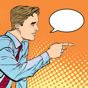 A man pointing a finger. A man explaining something. Speaking man. The man at the podium speaks. Handsome young businessman giving advice. Concept idea of advertisement and promo. Halftone background.