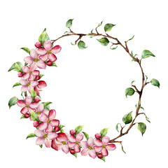 Obraz na płótnie Canvas Watercolor wreath with tree branches with leaves and apple blossom. Hand painted floral illustration isolated on white background. Spring elements for design.
