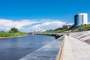 Fototapeta premium Panoramic views of the city and the promenade on the river Tura .Tyumen largest city in Siberia, the second name of 