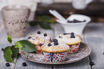Blueberry muffins with powdered sugar
