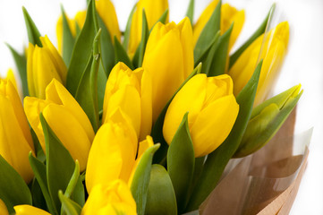 yellow tulips in a paper bouquet closeup. Valentine's Day