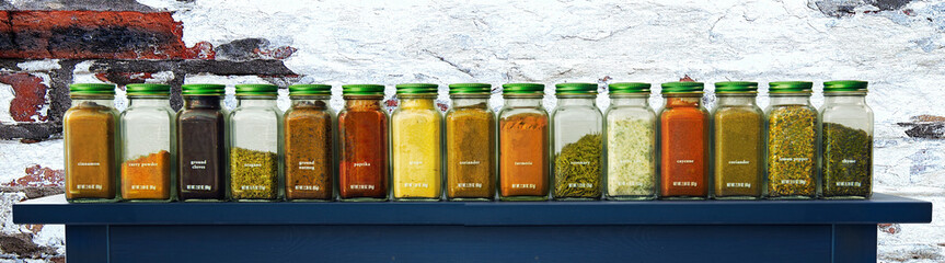 Assorted ground spices in bottles on wood, Still life with spice
