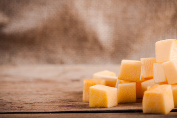 Photo slice ripe cut pumpkin on wood desk.