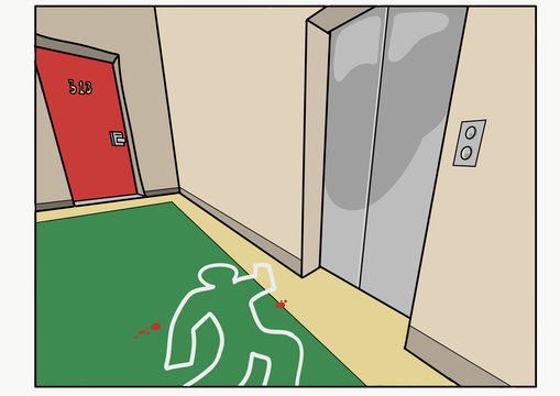 A crime scene in the corridor of a hotel.Vector illustration