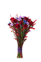 a bouquet of red roses and assorted flowers associated tape on white background. Valentine's Day