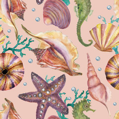 Watercolor painting seamless sea pattern with seashells, starfish, corals, seahorse