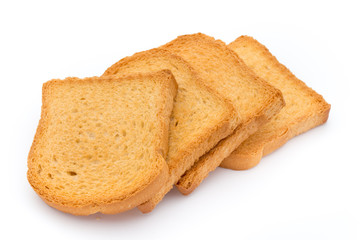 Slices of toast bread on wooden table, top view.