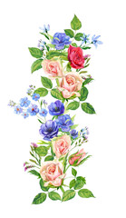 Floral vertical border, pink, red, blue flowers, bouquet of roses and poppy, green leaves on white background, hand draw watercolor painting, botanical illustration, vintage