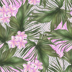Watercolor painting seamless pattern with plumeria flowers and palm leaves