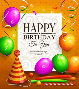 Happy birthday greeting card. Party multicolored balloons, hat, colorful streamers and stylish lettering on dotted background. Vector.