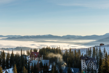 misty mountains on ski resort