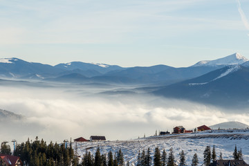 misty mountains on ski resort