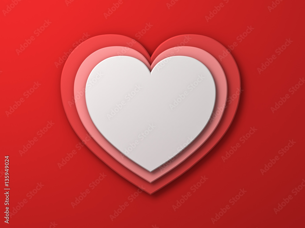 Poster white heart on red layer hearts valentines day card background with shadow 3d rendering