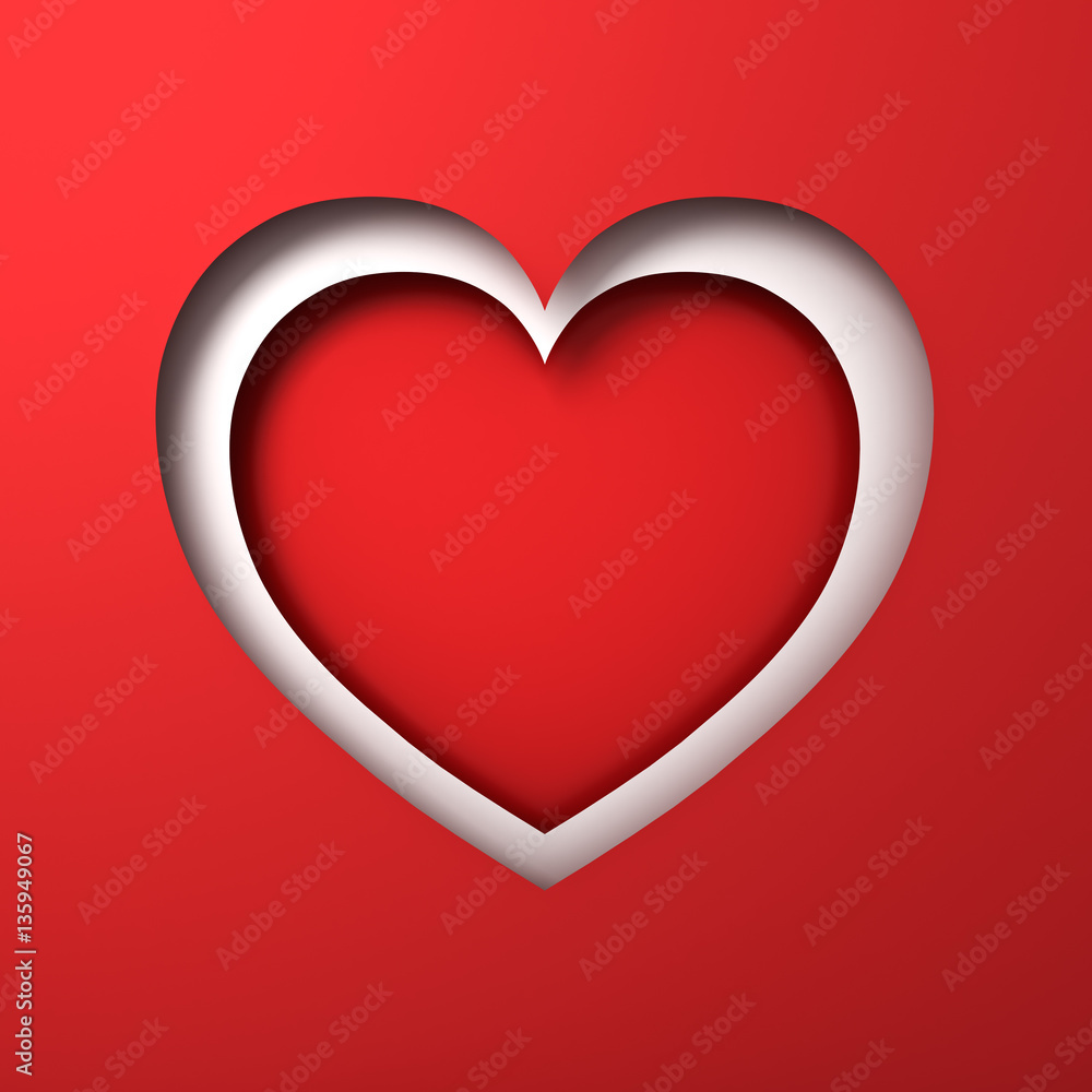 Poster red paper cut heart hole valentines day card with blank red background and shadow 3d rendering
