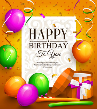 Happy birthday greeting card. Party multicolored balloons, colorful streamers, wrapped gift box and stylish lettering on dotted background. Vector.