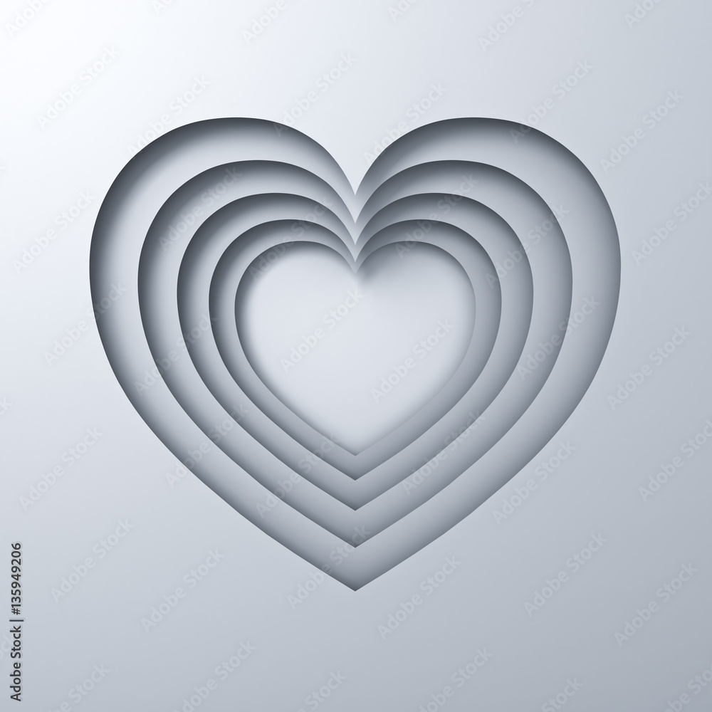 Poster white paper cut heart holes valentines day card background with shadow 3d rendering