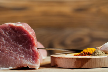 Piece of meat and seasoning on wood desk.