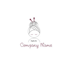 initial logo of female avatar with needles in hair isolated on white background, concept knitting