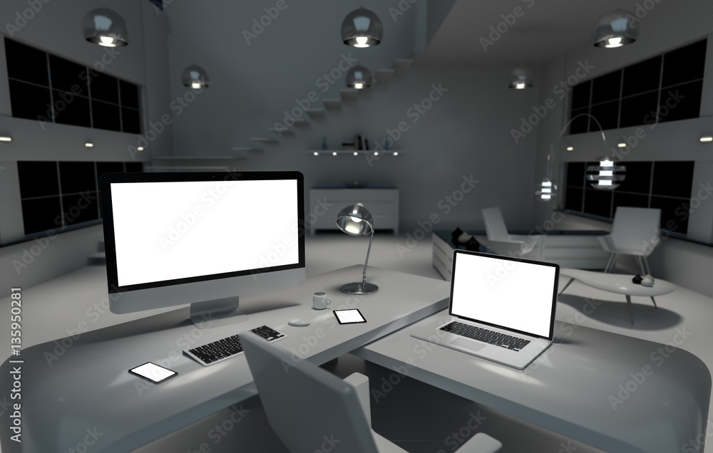 Poster modern dark desk office interior with computer and devices 3d re