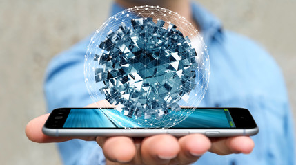 Businessman holding flying abstract sphere over mobile phone 3D