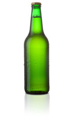 Green bottle of beer isolated on white background